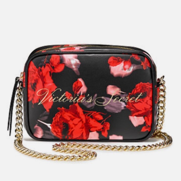 VICTORIA'S SECRET 🖤BLACK & RED❤️ BOLD FLORAL CHAIN STRAP CROSSBODY BAG 🌟NWT🌟 - Picture 16 of 17